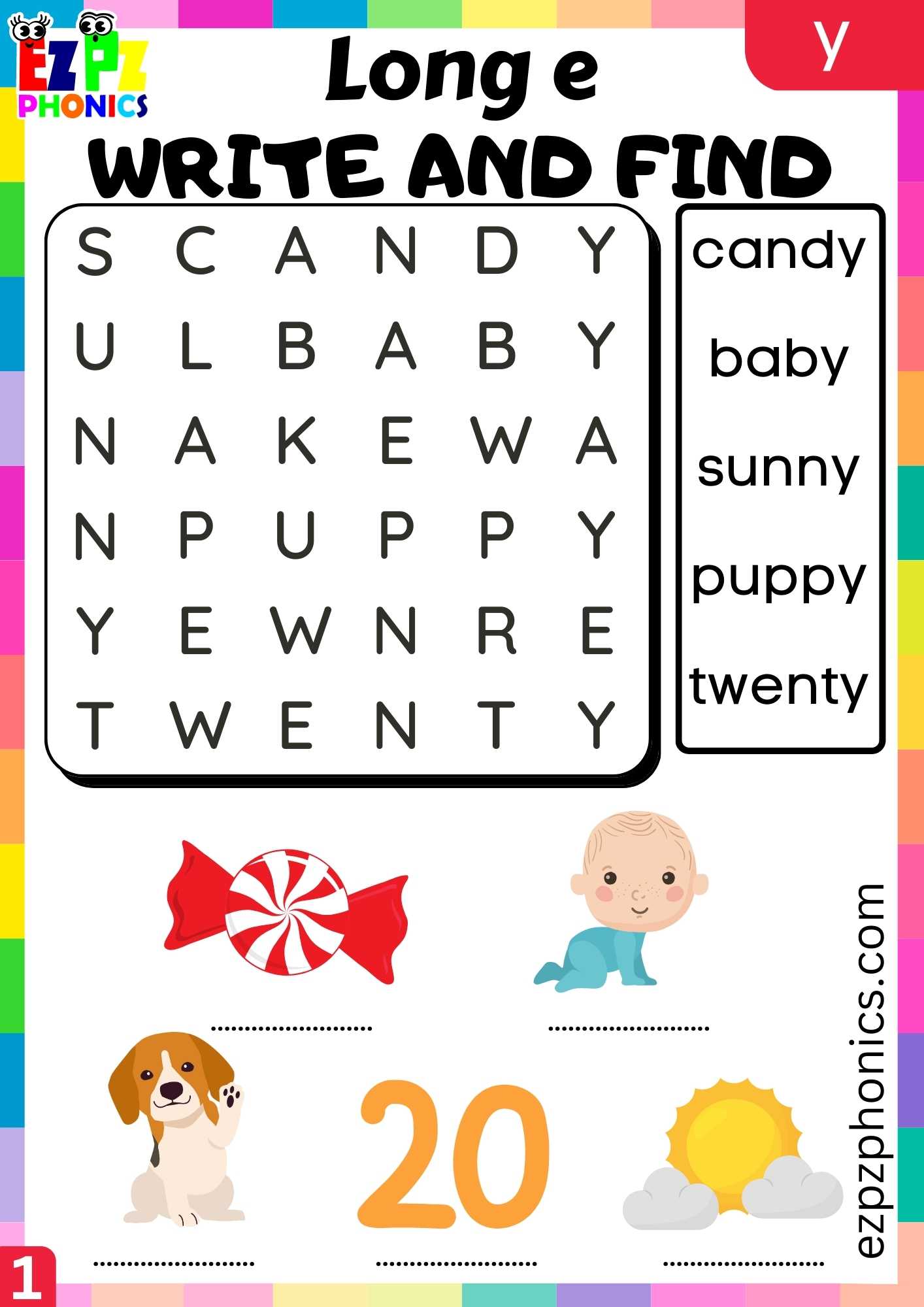 Group1 Y Words Write And Find Long E Phonics Worksheet